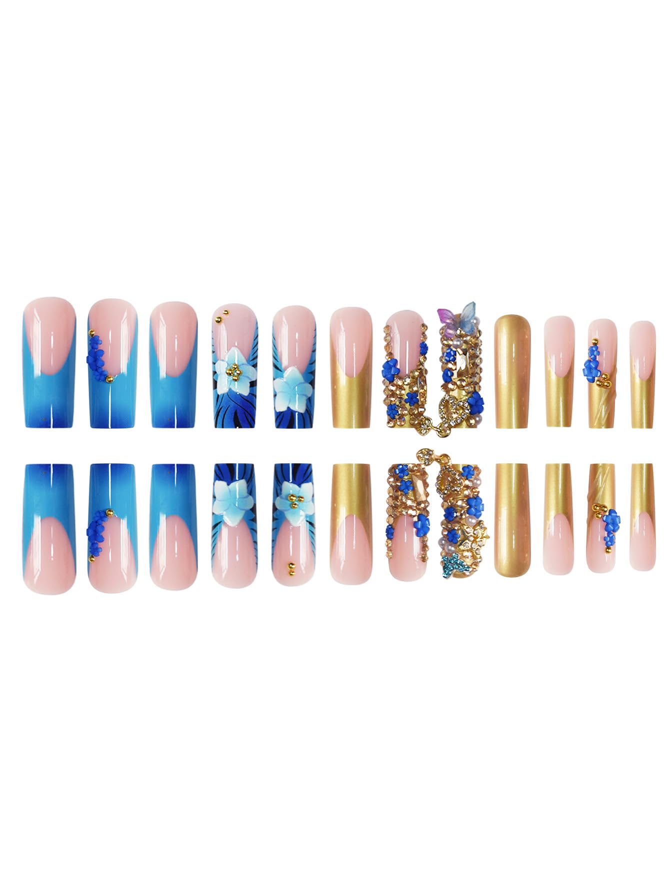 SEENEEY Press on Nails Square Long Fake Nails Blue Extra Long Nail Press Ons with Flowers Designs Artificial Stick on Nail for Women 24pcs