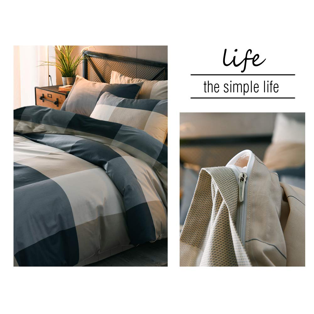 mixinni Queen Size Checkered Duvet Cover Set - 3 Piece Grey Geometric Cotton Bedding Set with Zipper Closure & Corner Ties, 100% Washed Cotton Soft Breathable Duvet Cover for Men, Women, Teens (Queen)