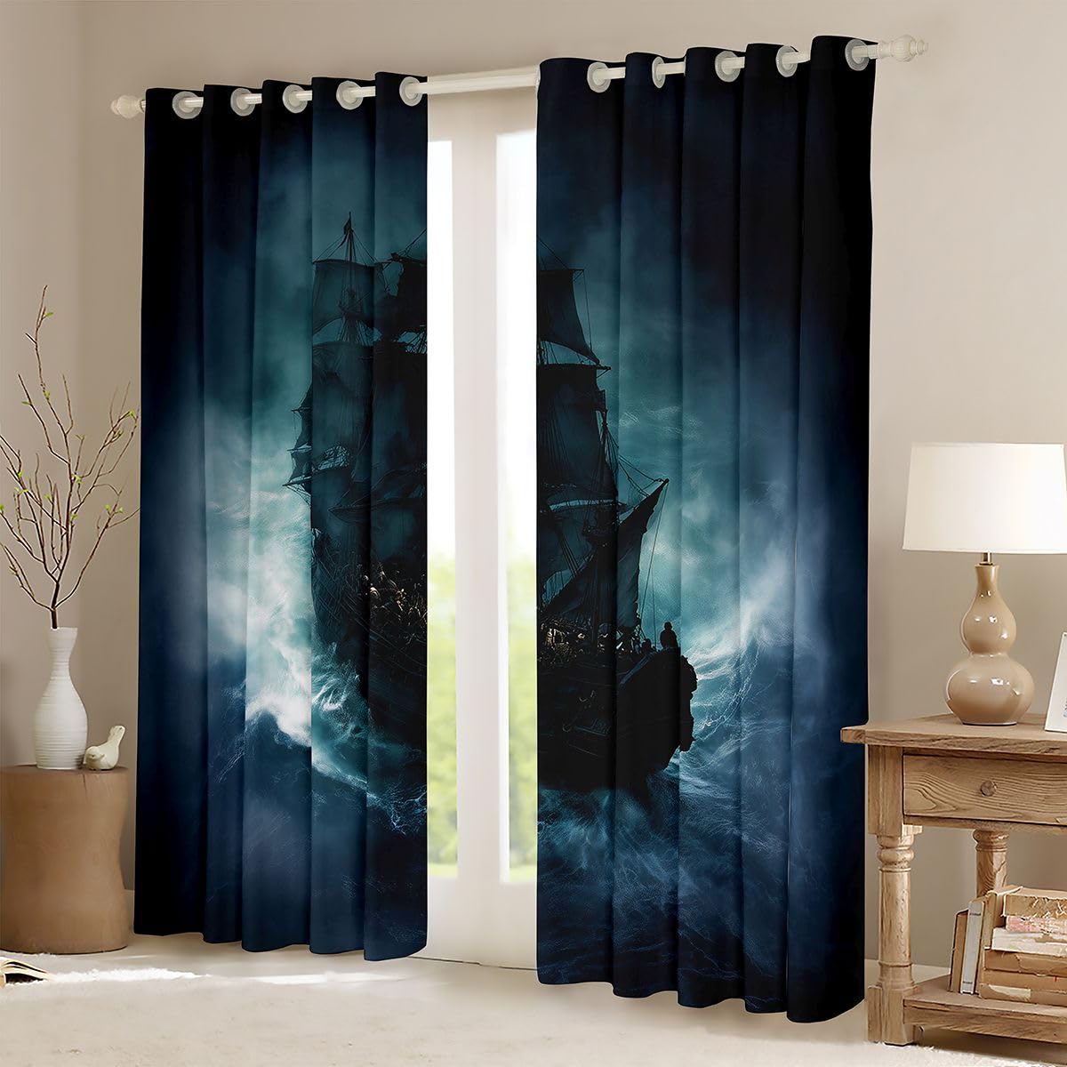 Erosebridal Nautical Blackout Curtains Retro Sailboat Sailing Window Curtains 42" Wx63 L Teen Kids Men Fantasy Ocean Advanture Window Treatments Drapes Bedroom Mystical Coastal Travel 2 Panels Decor