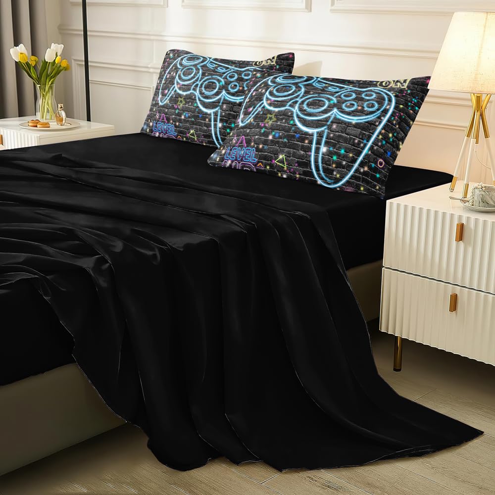 RUPSLO 5Pcs Gaming Comforter Set, Blue Lighting Effect 3D Gaming Contoller Themed Printing Gaming Bedding Sets for Kids Teen Boys,Twin Comforter Sets for Boys