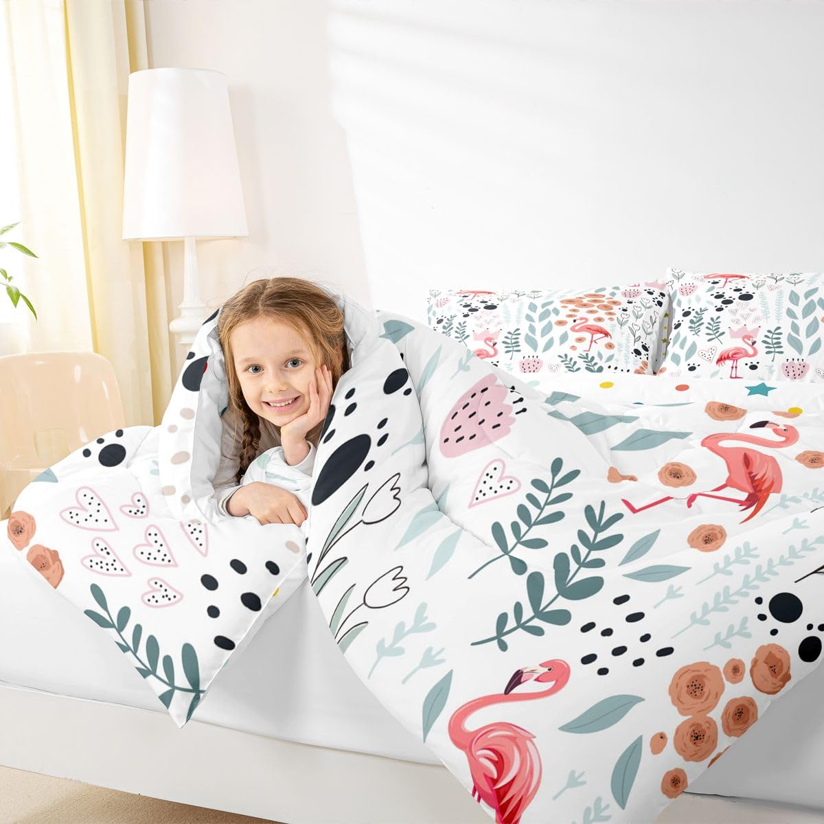 Erosebridal Kawaii Pink Flamingo Bedding Set Twin,Cartoon Flamingo Comforter Set for Kids Girls Boys,Cute Love Heart Leaf Flower Comforter Set,Paw Print Animal Quilt Bed Set with 1 Pillow Case