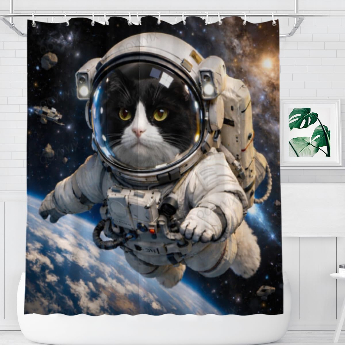 QOYVYIX Funny Tuxedo Cat Shower Curtain 72x72 Inches with 12 Hooks, Cute Space Tuxedo Cat Bathroom Decor Waterproof Fabric Shower Curtain for Boys Girls and Adults