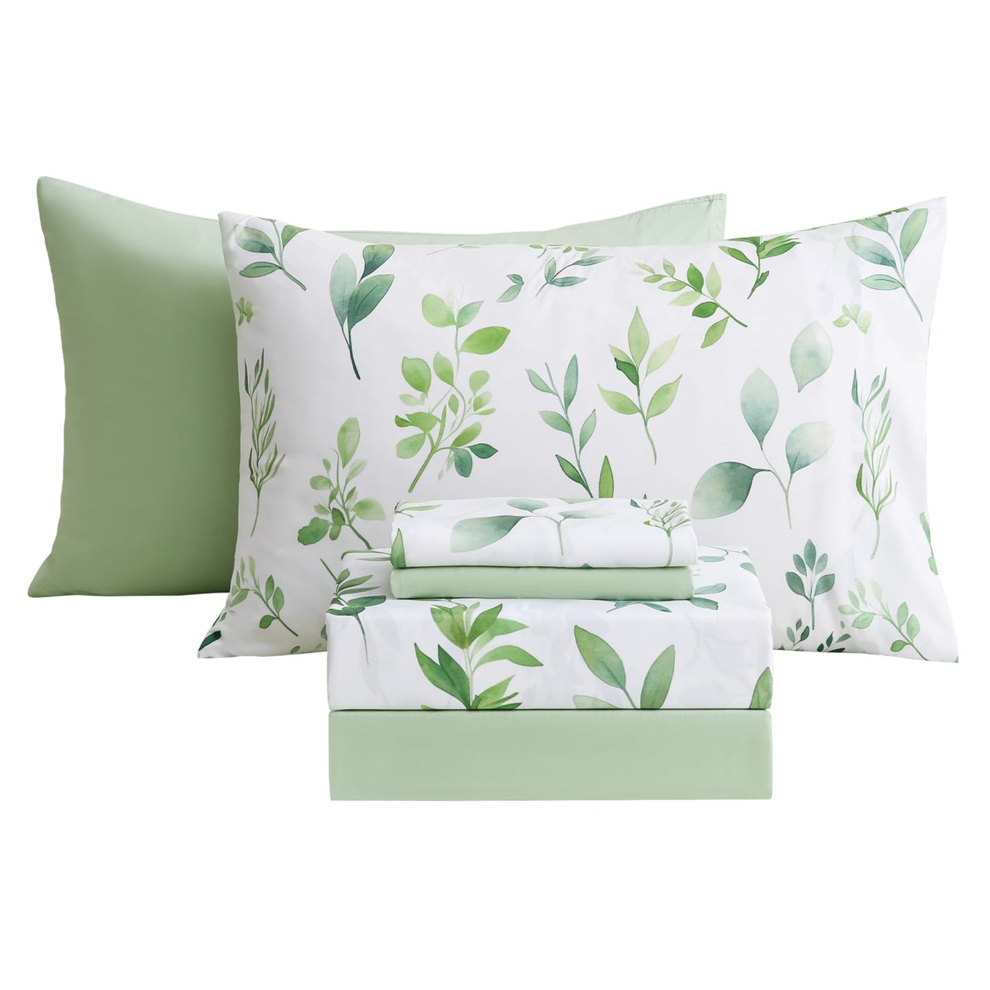 Botanical 6-Piece Full Size Sheets Set, Boho Floral Print Brushed Microfiber Sheets, Cooling Bed Sheet Set, Ultra Soft & Breathable, 16' Deep Pocket Fitted Sheet & Pillowcase Set, Sage Green Leaves