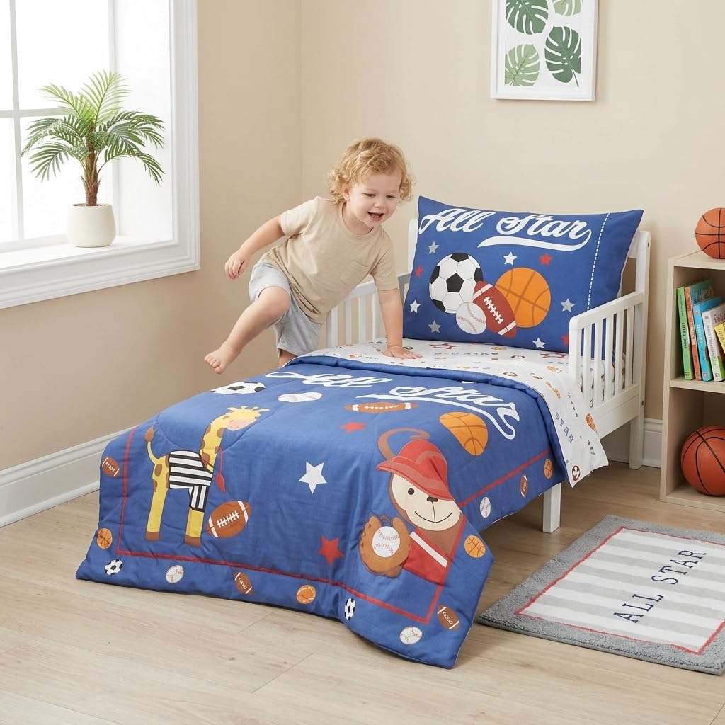 EVERYDAY KIDS 4 Piece Toddler Bedding Set - Jungle Sports - Soft 100% Cotton Percale - Includes Comforter, Flat Sheet, Fitted Sheet and Reversible Pillowcase