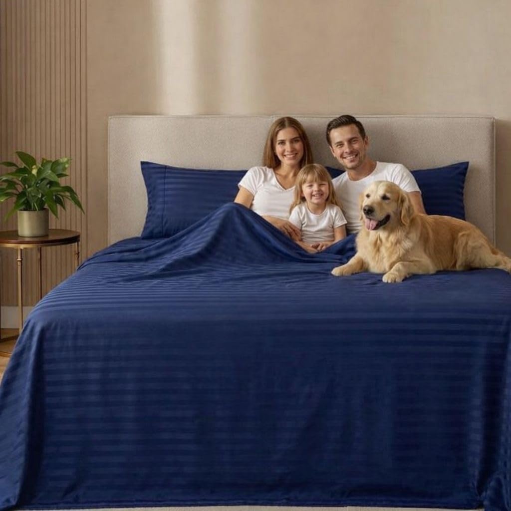 SHAC HOMES King Sheet Set 4 Piece – Oeko-TEX Certified, Soft Brushed Microfiber, Deep Pocket 8"–12", Wrinkle & Fade Resistant, Breathable Cooling Sheets, Hotel Dobby Stripe – Navy Blue