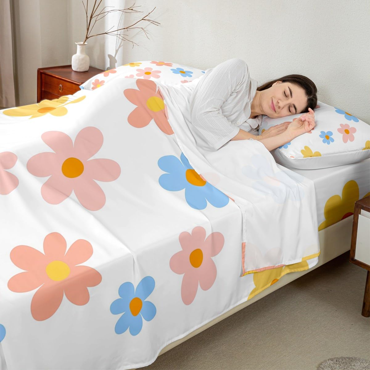 Feelyou Kids Cute Flower Sheet Set Twin Size, Cartoon Floral Printed Bedding Set Wildflower Pink Bed Sheets Set Boys Girls Kawaii Teens Bedroom Decor Microfiber Soft Bed Set