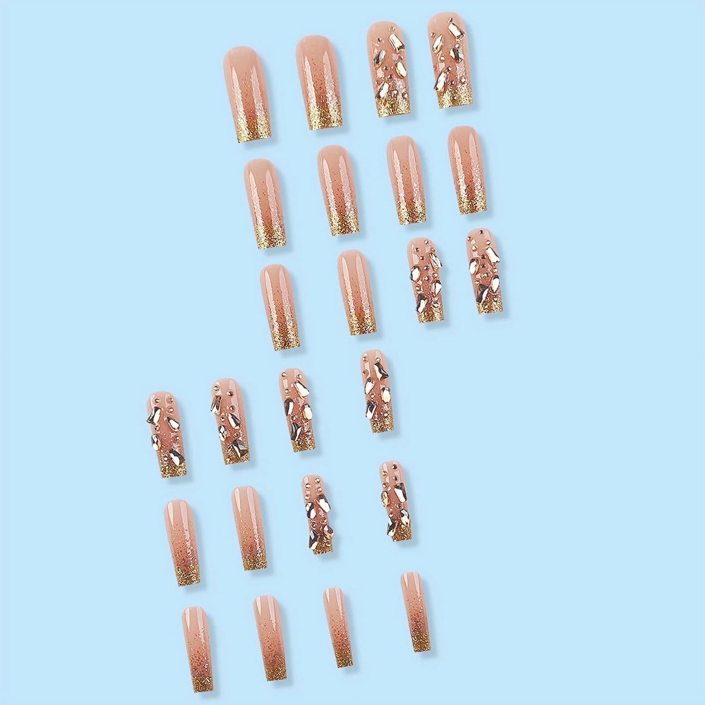 MISUD Press on Nails - Long Square Glue on Nails with Bling Gold Glitter, Acrylic Luxury Rhinestone Design 24 pcs
