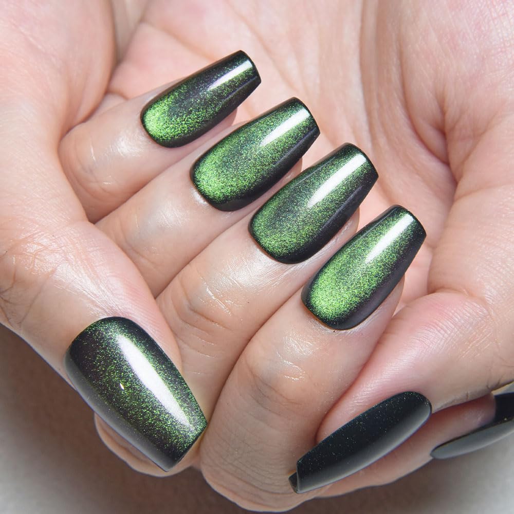 evpct Emerald Green Cat Eye Coffin Press on Nails Medium Square No Glue, Medium Square Stick on Nail for Women, Green Metallic Glitter Glossy Reusable Soft Press on Acrylic Fake Nail with Designs