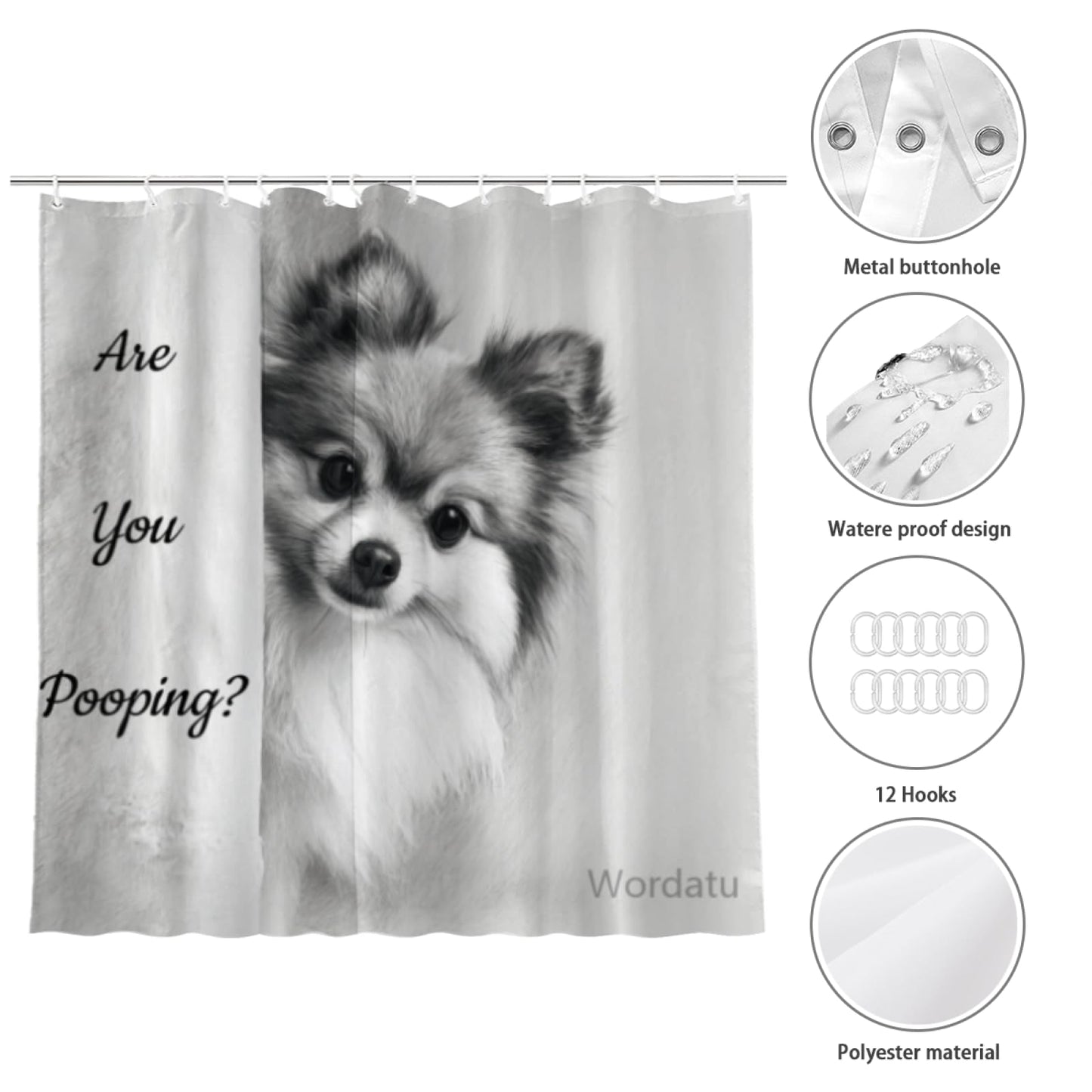 Wordatu Pomeranian Shower Curtain Bathroom Set 72x72 Inches are You Pooping Bath Animal Bath Animal Pet Dog Art Home Decor 12 Hooks