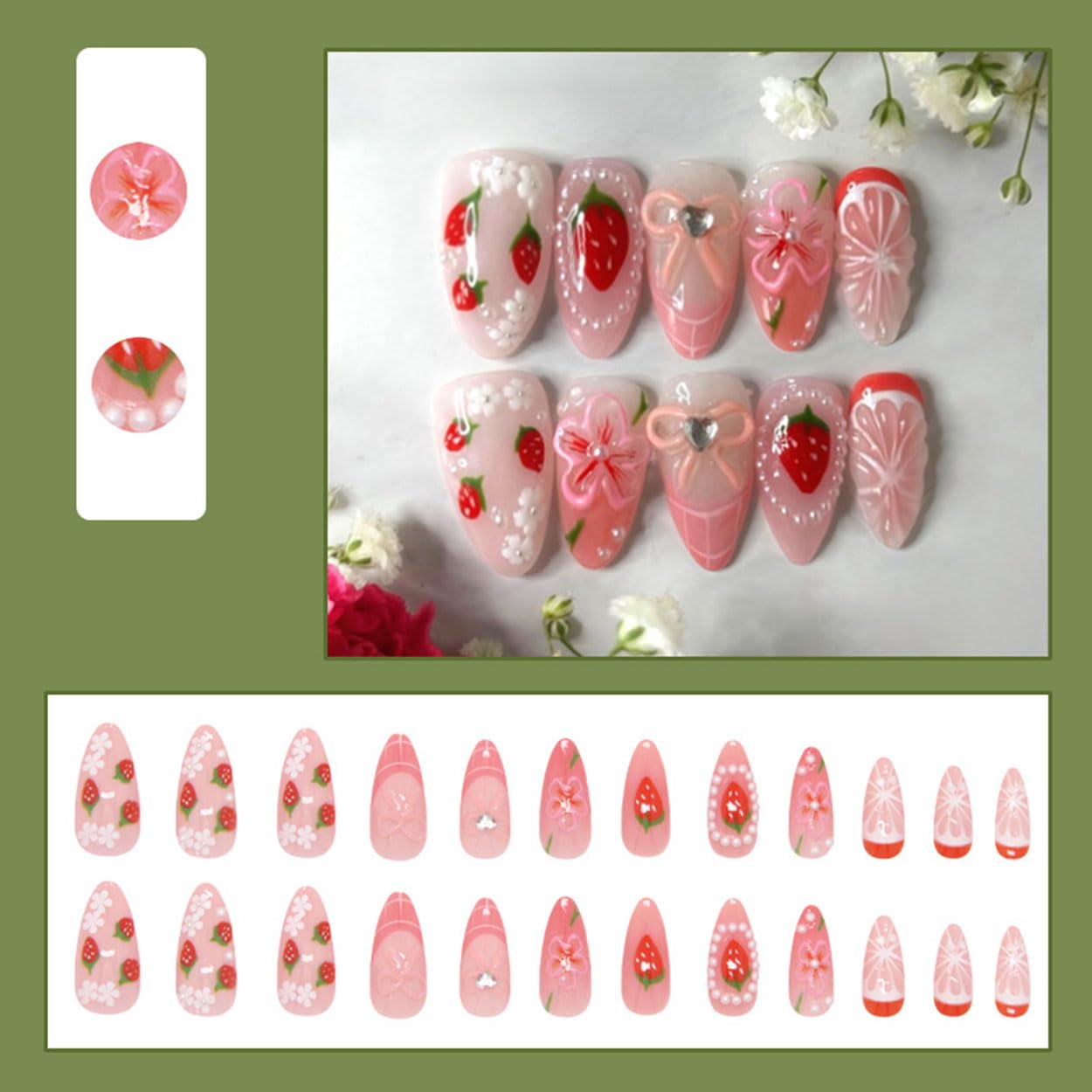 Press on Nails Almond Medium Fake Nails French Tip False Nails Press ons with Strawberry Pearl Design Glue on Nails Artificial Acrylic Nail Art Glossy Full Cover Stick on Nail Supplies for Women 24Pcs