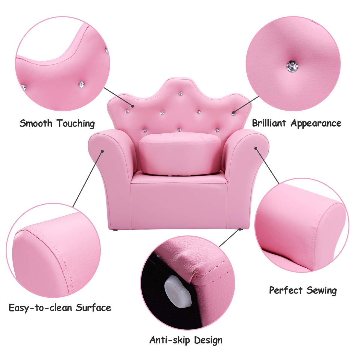 Costzon Kids Sofa, Children Upholstered Sofa with Ottoman, Princess Sofa with Diamond Decoration, Ottoman, Smooth PVC Leather Toddler Chair, Kids Pink Couch for Preschool Boys and Girls Gift (Pink)