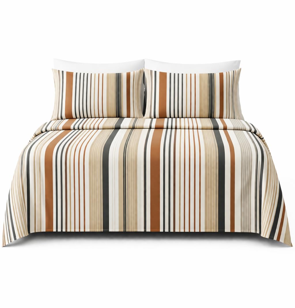 HCORA Striped Queen Sheet Set, Ultra Soft Double Brushed Microfiber Bed Sheets, Deep Pocket, Breathable, Wrinkle Resistant, Easy Care, 4PC, Queen Size