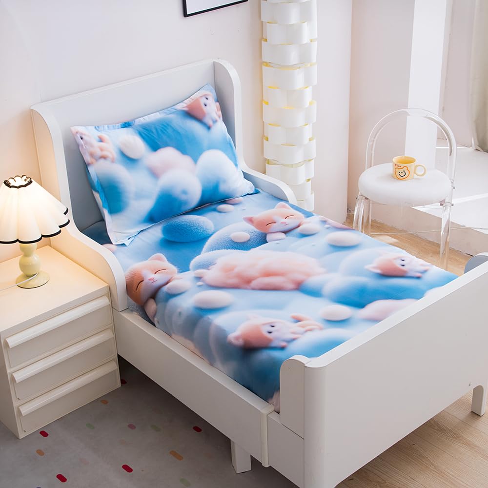 KWLOVER 2PC Soft Bed Fitted Sheet and Pillowcases Set,3D Cute Cats Pattern Printed Bed Sheets for Kids Boys Girls Twin Size Bed (Blue Cats, Twin)