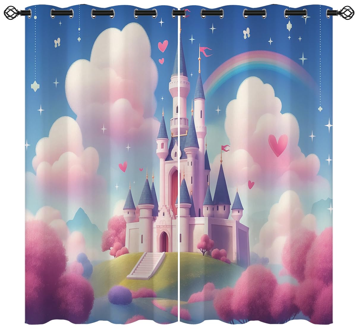 18TH CROZY Dreamy Castle Blackout Curtains for Girls Boy Home Decor, Feminine Fairy Tale World Rainbow Grommet Thermal Insulated Drapes Darkening Window Curtain for Bedroom Living Room, 42 x 45 Inch