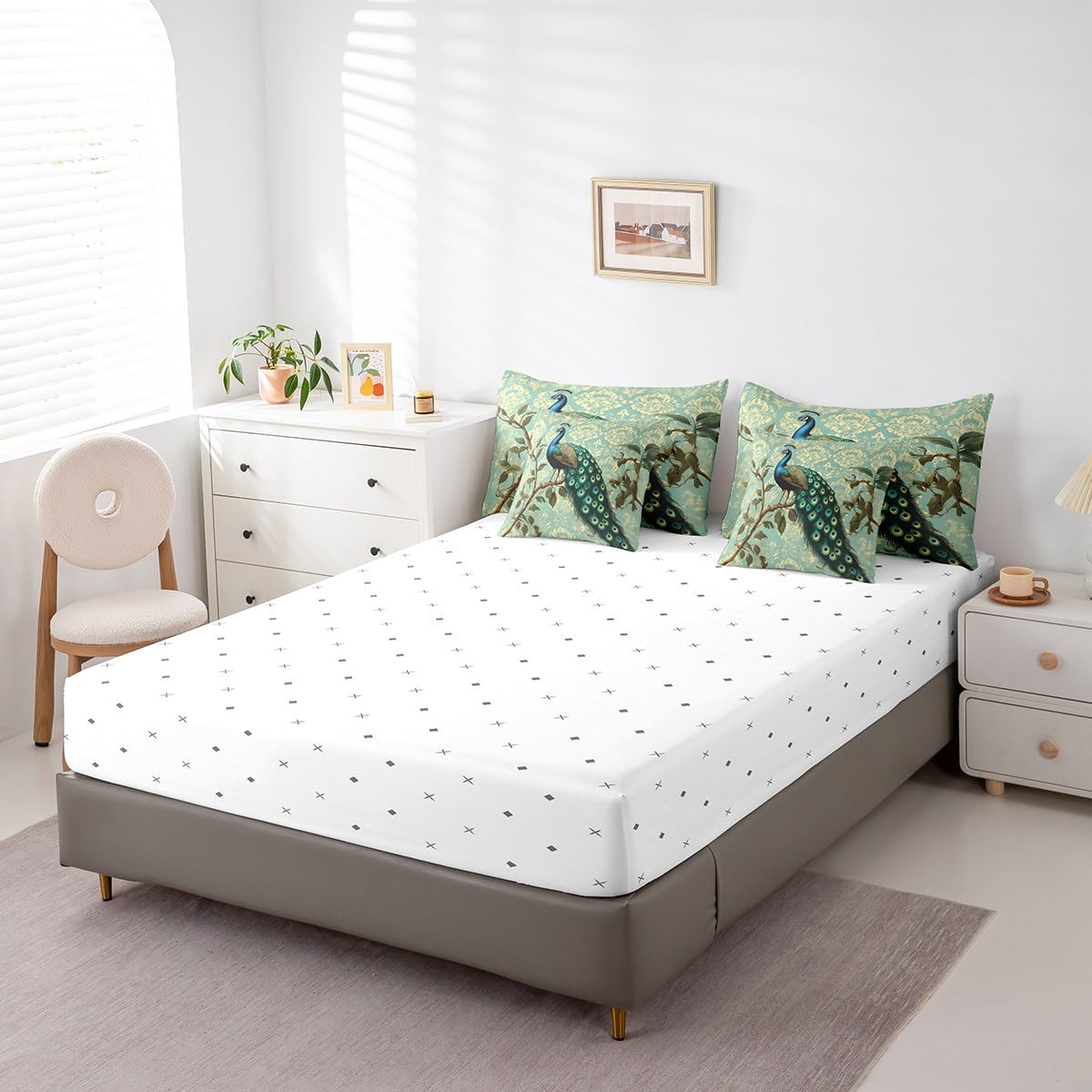 Erosebridal Peacock Comforter Set King Size,Retro Damask Floral Bedding Set for Kids Teens,Peacock Feather (Comforter+Fitted+Flat Sheet+2 Pillowcases+2 Throw Pillow Covers) 7 Pieces Bed Set