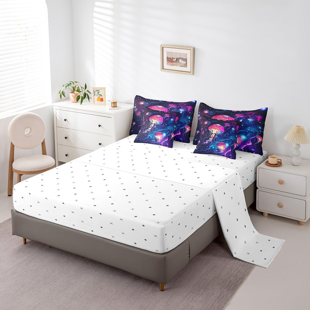 jejeloiu Jellyfish Comforter Set 7 Pieces Full Size Kids Ocean Creature Themed Bed in a Bag for Boys Girls Sea Bedding Set Marine,Comforter + Sheets + Pillowcases + Cushion Covers