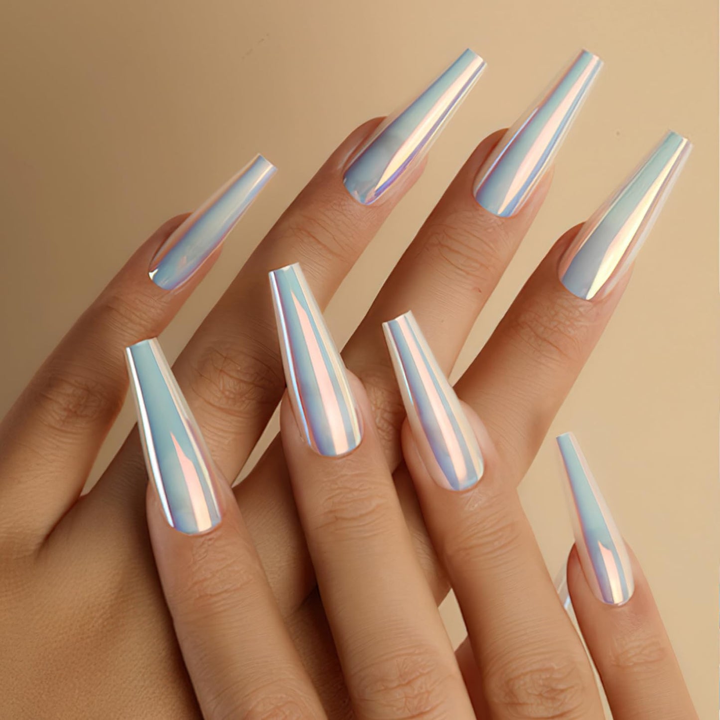 Chrome Press on Nails Ballerina Long Coffin False Nails Holographic Mirror Fake Nails Luxury Chameleon Metallic Full Cover Glue on Nails for Women Girls Artificial Acrylic Nail Decoration 24pcs