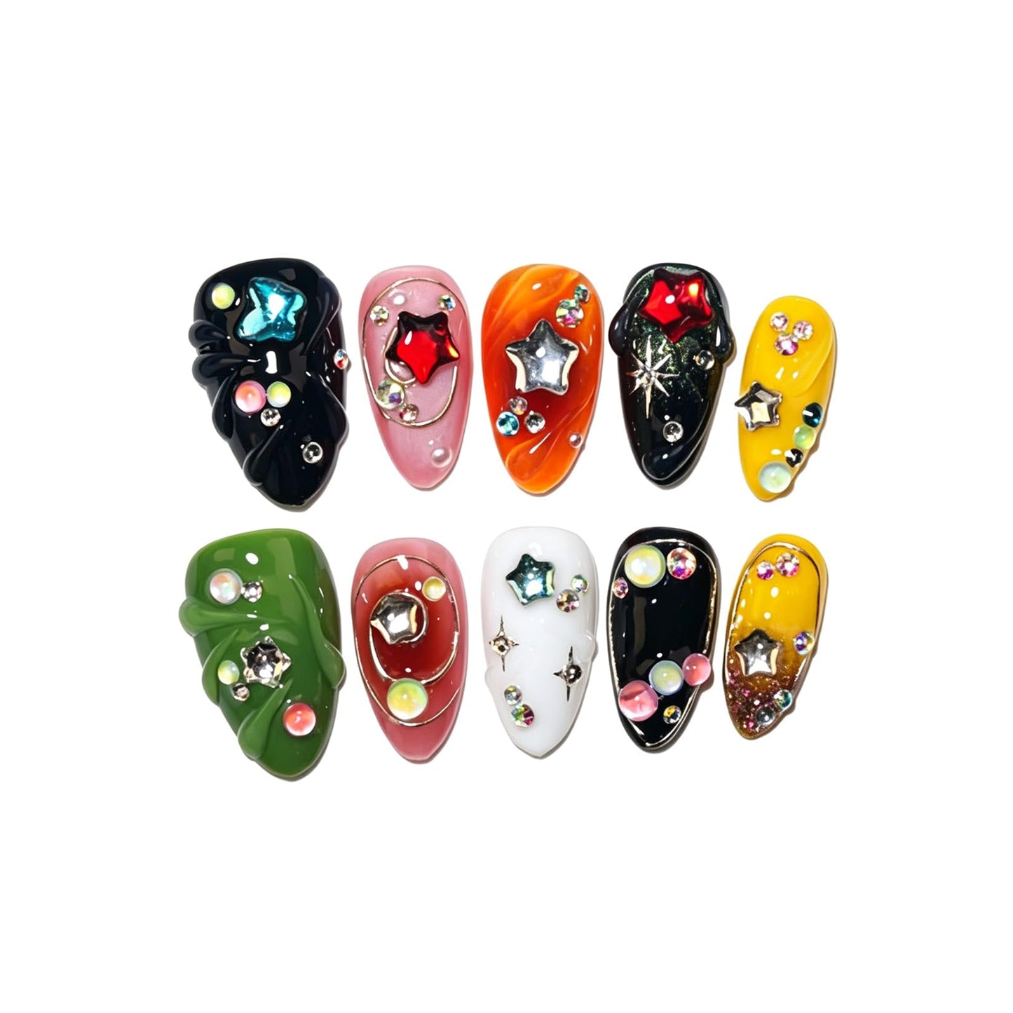EasierGlow 10 Pcs Handmade Short Almond Press On Nails - Easy Apply & Remove, Reusable & Salon Quality | Y2K Gothic Multicolor Fake Nails with 3D Star, Gemstone & Swirl Sculpted Accents (EG01, S)