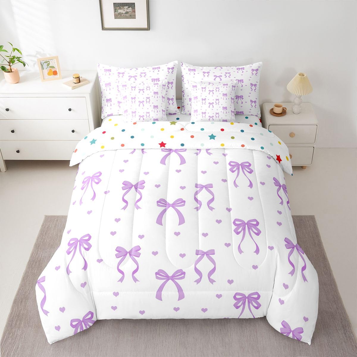 Erosebridal Bow Knot 7 Piece Bedding Set Full Size Bowtie Bed in A Bag Coquette Bowknot Comforter with Sheets Fantasy Bed Sets