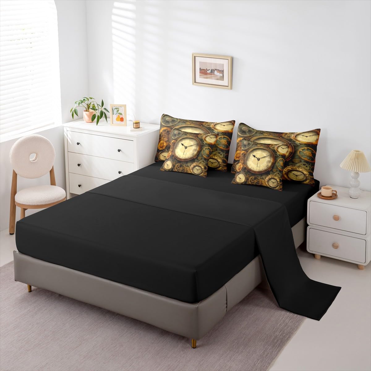 Erosebridal Ndustrial Gear 7 Pcs Bedding Set Queen Steampunk Style Comforter Set with Sheets Clocks Theme Bed in A Bag Mechanical Device Retro Brown Bedroom Decor