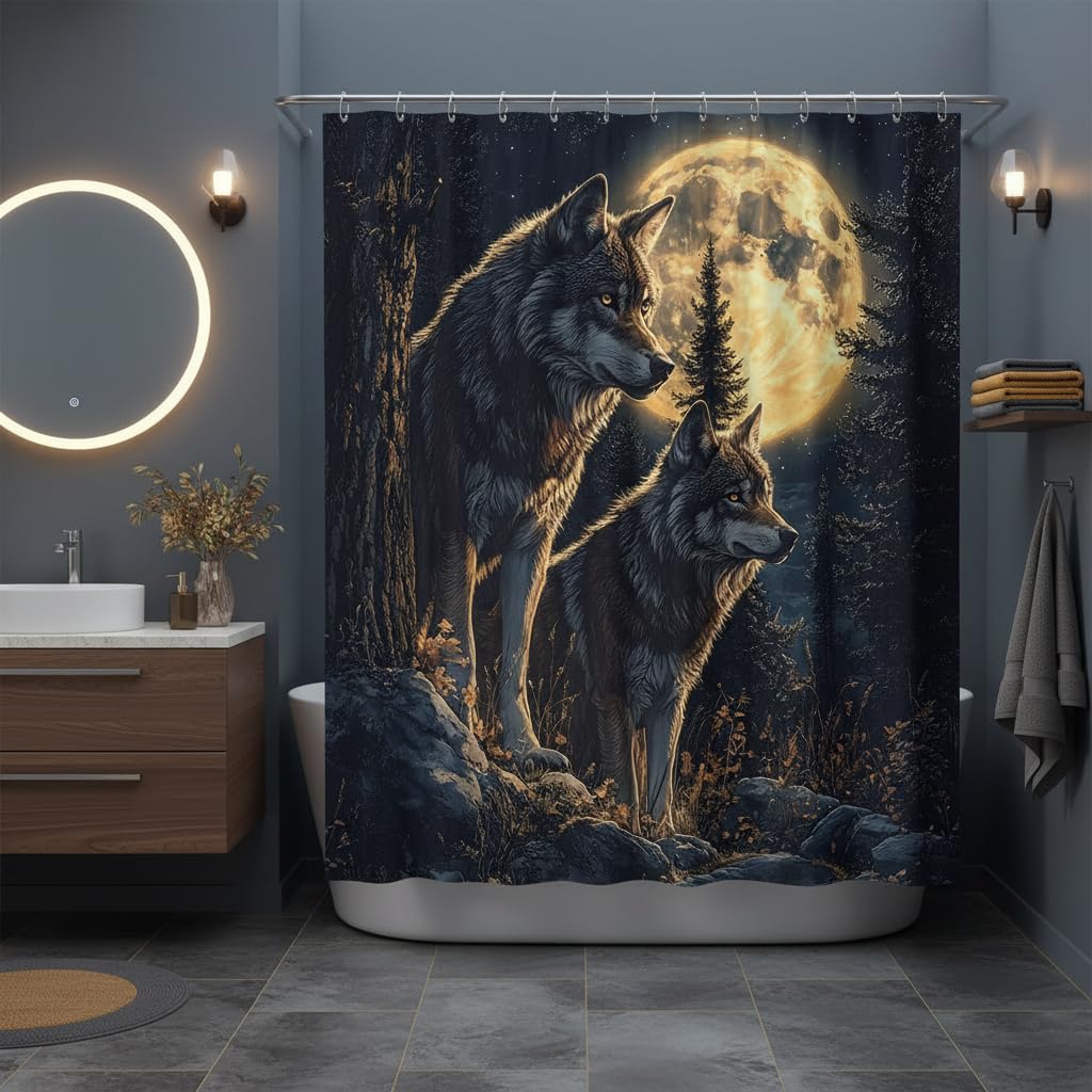 Wolf Shower Curtain Wild Animal Stand Under Super Moon Black Grey Starry Pine Tree Misty Forest Safari Country Hunting Theme Bathroom Polyester Curtains Set with Hooks 70x70 Inch