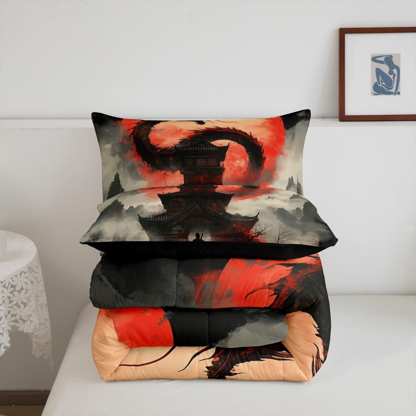 jejeloiu Dragon Comforter Set Japanese Style Samurai Bedding Set Full Size for Kids Boys Girls Teens Anime Sunset Duvet Set with 2 Pillow Case Moon Japan Comforter