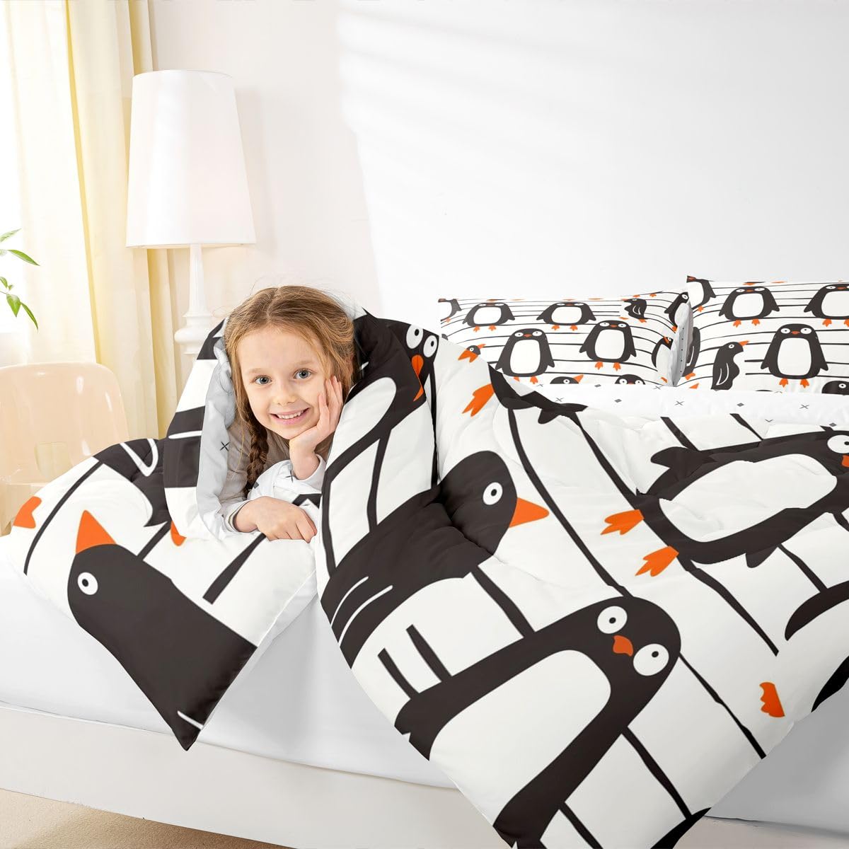 Erosebridal Funny Penguins Comforter Set Queen Black White Penguin Bedding Set Antarctic Animal Theme Comforter for Kids Boys Girls,Lovely Wildlife Pattern Quilt Duvet