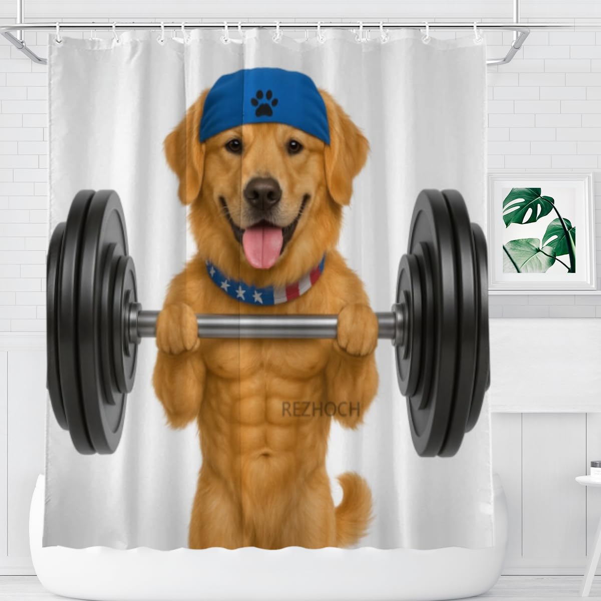 REZHOCH Funny Shower Curtain Golden Retriever Lifting Dumbbell Muscled Building Gym Humor Cloth Fabric Bathroom Decor Set with 12 Hooks 72" W x 72" L
