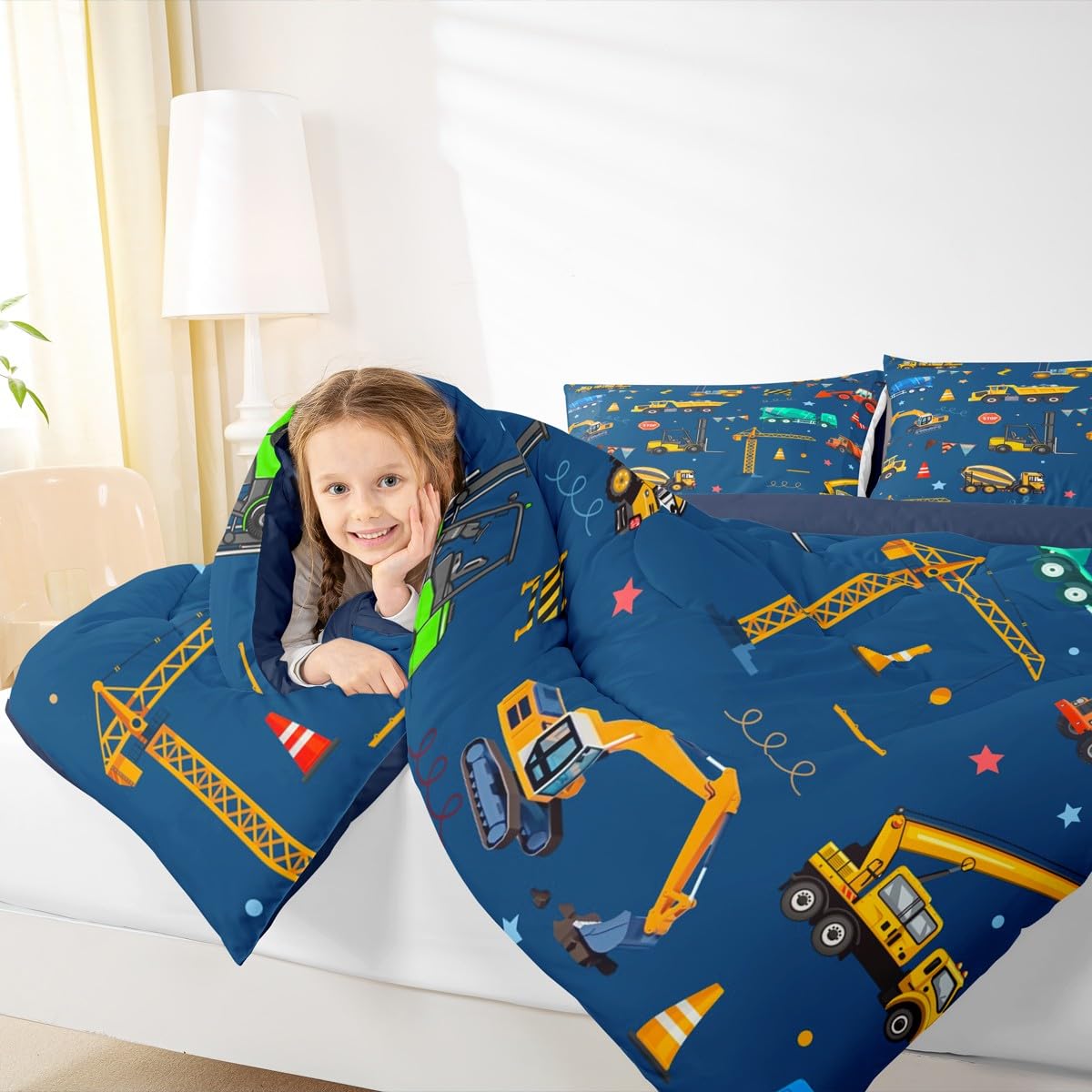 jejeloiu Cartoon Car Kids Comforter Set Twin Size Excavator Bedding Set Construction Duvet Quilt for Kids Boys Girls Bedroom Equipment Trucks Decor Microfiber Ultra Soft Breathable