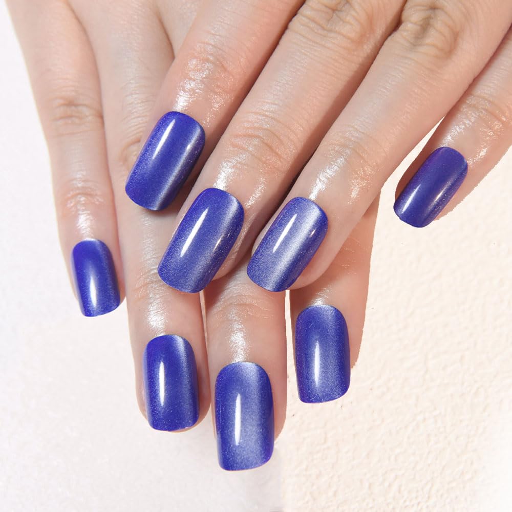 Blue Cat Eye Press on Nails Medium Square, Medium Square Press Stick on Nails Chrome for Women Gift, Blue Holographic Glitter Glossy Reusable Soft Gel Acrylic Fake Nail with Designs Cateye Effect