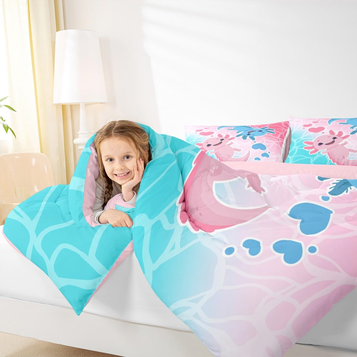 Axolotls Comforter Set Twin Size,Blue Pink Kids Bedding Set 2Pcs with 1 Pillowcase,Ocean Animals Theme Down Comforter Cartoon Lovely Salamander Quilted Duvet Insert for Girls Boys Bedroom Decor