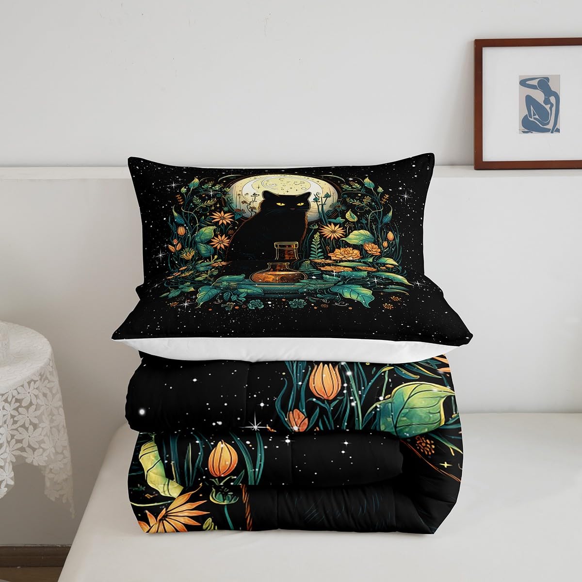 Cute Cat Comforter Set Full Size,Flower Leaves Kids Bedding Set Moon Night Starry Sky Quilt Set for Girls Boys Teens Room Decor,Trippy Pet Animals Plant Duvet Insert,2 Pillowcases,Black
