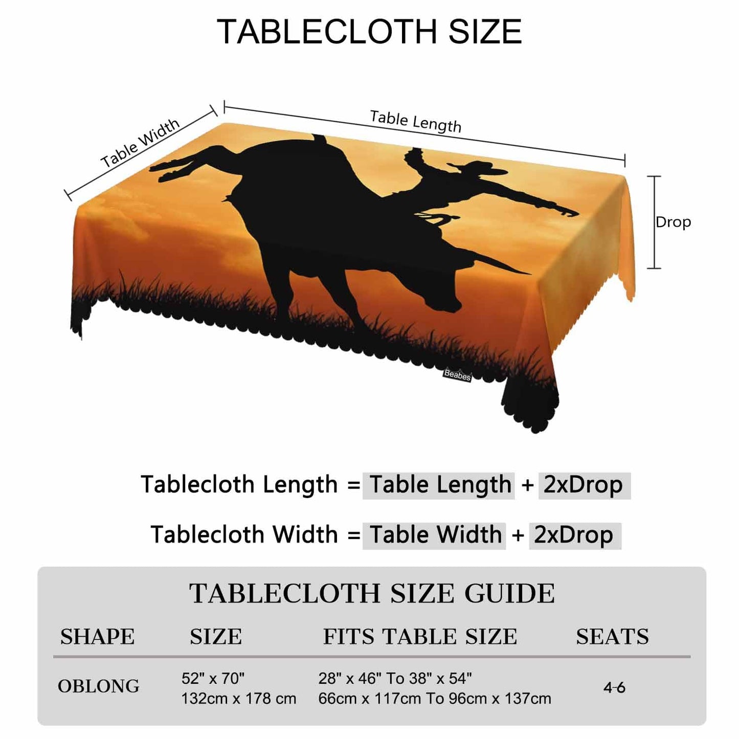 Beabes Bull Rider Table Cloth Rectangle Table 52"X70", Western Cowboy Bucking Bull Sunset Wipeable Table Cover for Dinner Kitchen, Outdoor Tablecloth for Party Banquets Weddings
