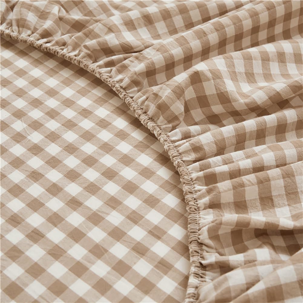 Tan Gingham Fitted Sheet Queen 100% Washed Cotton Taupe Plaid Queen Bed Sheet Grid Single Bottom Sheet with 15" Deep Pocket Gingham Bedding Grid Sheet 1 Piece Cotton Breathable Mattress Cover