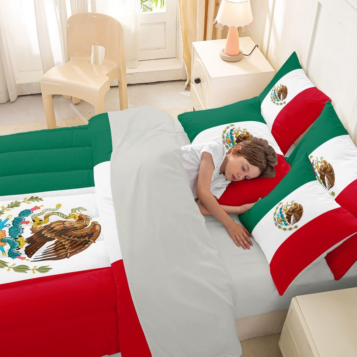 Feelyou Mexican Flag Comforter Set with Sheets 7 Piece Queen Size Mexico Bed in a Bag Kids Boys Girls World Countries Bedding Set Bedroom Decor Breathable Soft Lightweight Microfiber