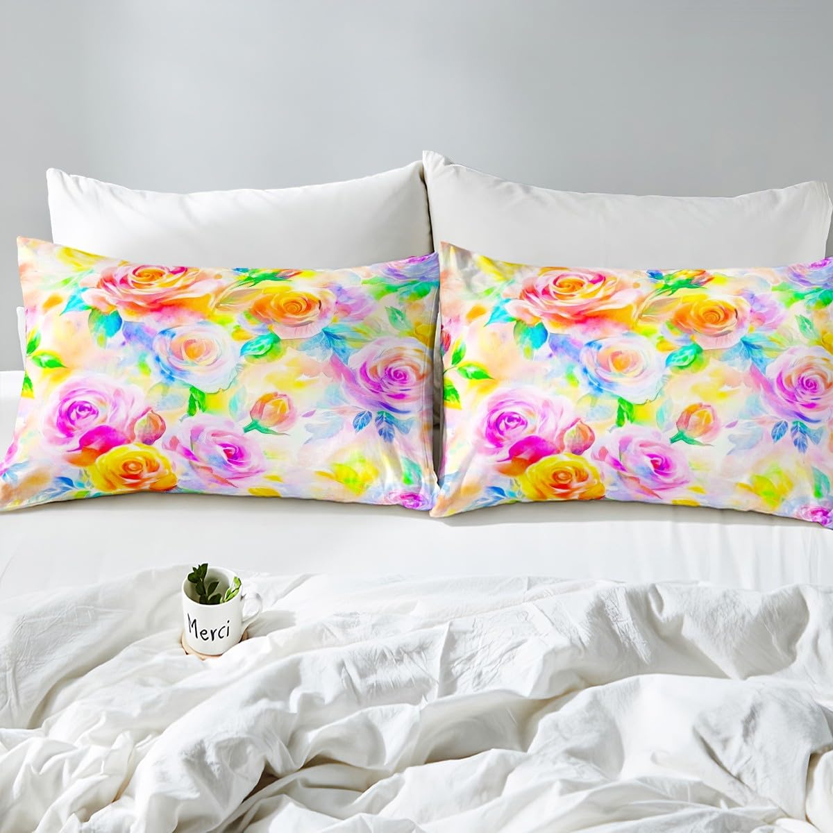 Feelyou Rose Flower Bedding Sheets Girls Women Like Full Yellow Purple Flower Bed Sheet Set Garden Flower Fitted Sheet Pretty Botanical Bed Cover 3Pcs,1 Fitted Sheet+2 Pillow Sham（No Flat Sheet）