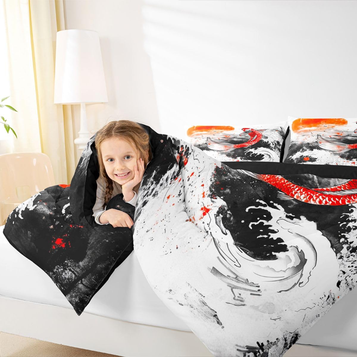 jejeloiu Wave Bedding Set Soft for Boys Girls, Japanese Style Comforter Set Queen Size Fish Duvet Quilt Microfiber Red Sun Bedroom Decor 3 Pcs with 2 Pillow Cases
