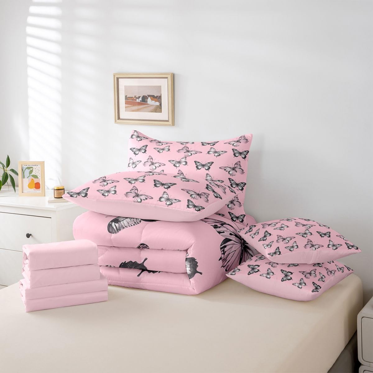 Erosebridal Butterfly Silhouette 7 Piece Bedding Set Twin Black Wild Animal Comforter Set with Sheets Pink Tie Dyed Bed in a Bag Nature Butterfly Animals Bed Sets Comforter