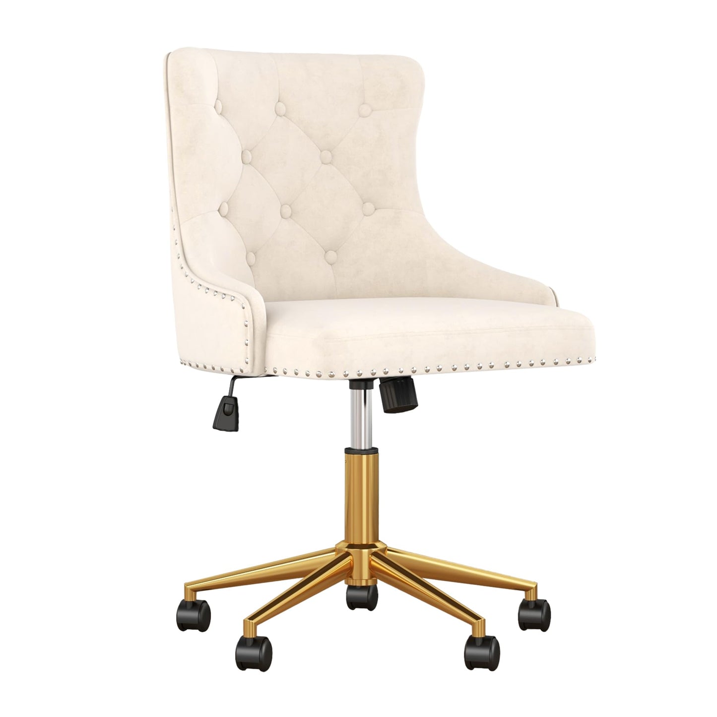 Beige Velvet Armless Desk Chair, Comy Vanity Chair with Rivet and Gold Base