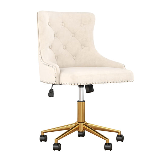Beige Velvet Armless Desk Chair, Comy Vanity Chair with Rivet and Gold Base