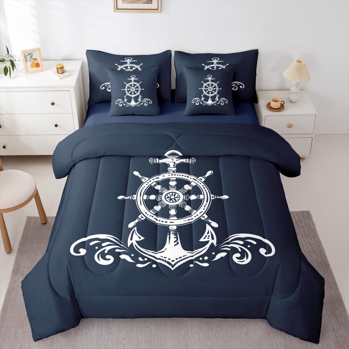 Erosebridal Nautical Anchor 7 Pcs Comforter Set Twin Size Ocean Sailboat Bedding Sets for Kids Boys Teens Adult Navy Blue Ocean Theme Bed in A Bag Coastal Compass Sheet Set