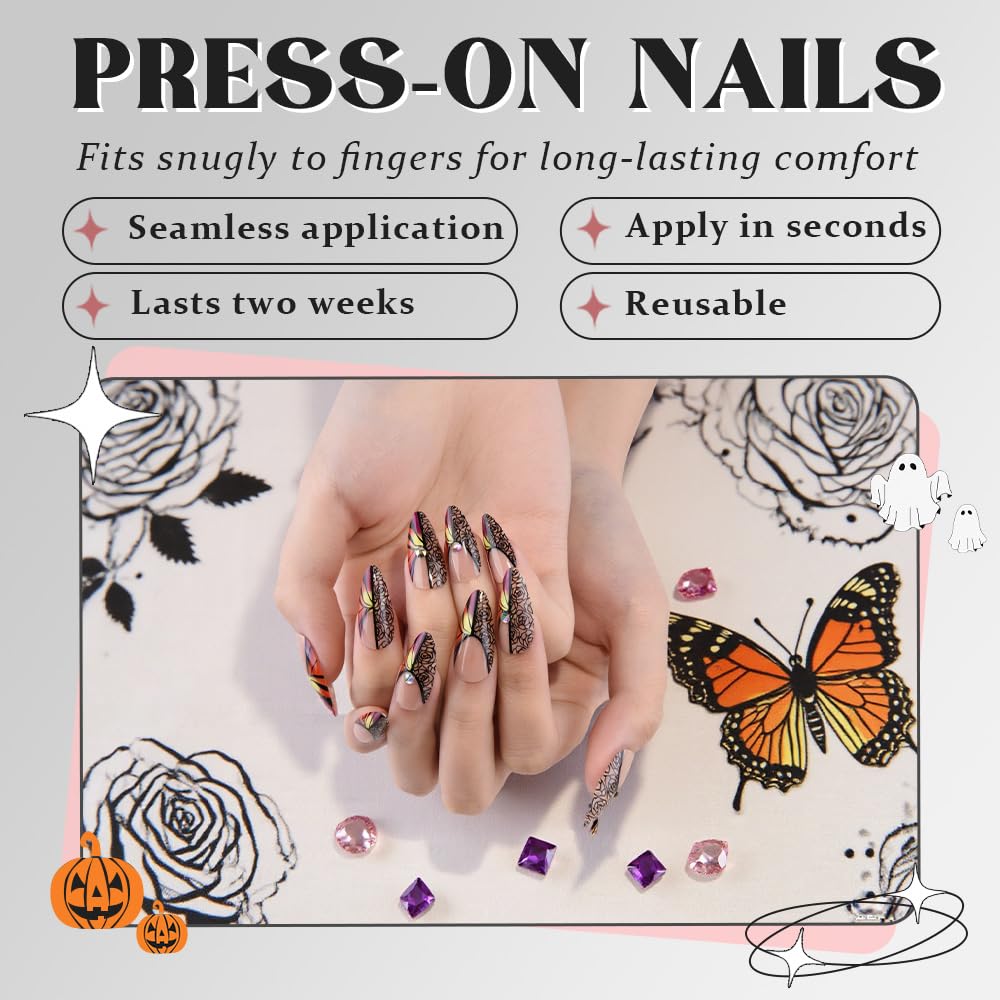 Nude Press on Fake Nails Medium Almond with Black Rose Design, Press on Nails Rheinston Design Reusable Manicure for Women Girls, Perfect Fit Stick on Nail Press ons Glossy Finish, 24Pcs