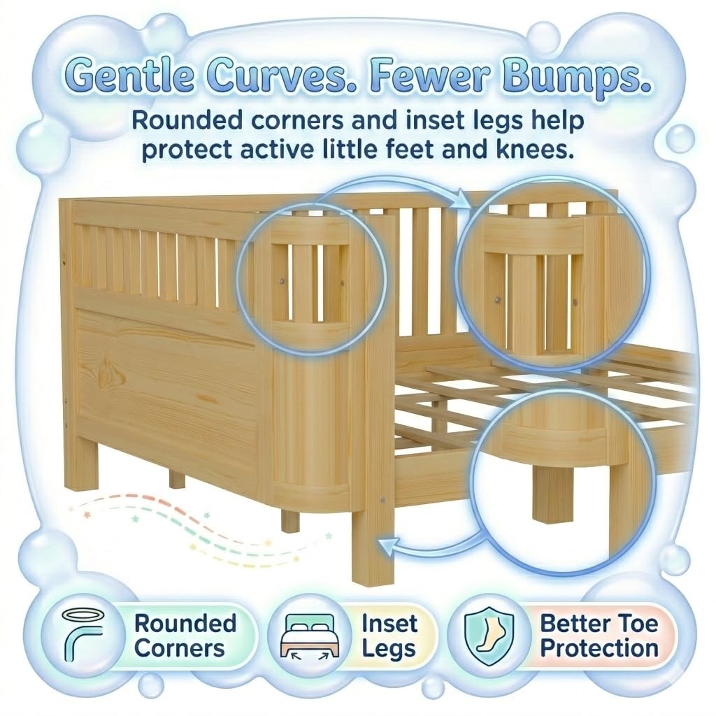 Duxelifin Queen Bed Frame for Kids with Rails, Low Profile Montessori Queen Bed with Detachable Side Rail, Solid Pine Wood Kids Daybed with Headboard, Footboard & Slat Support for Boys Girls, Natural