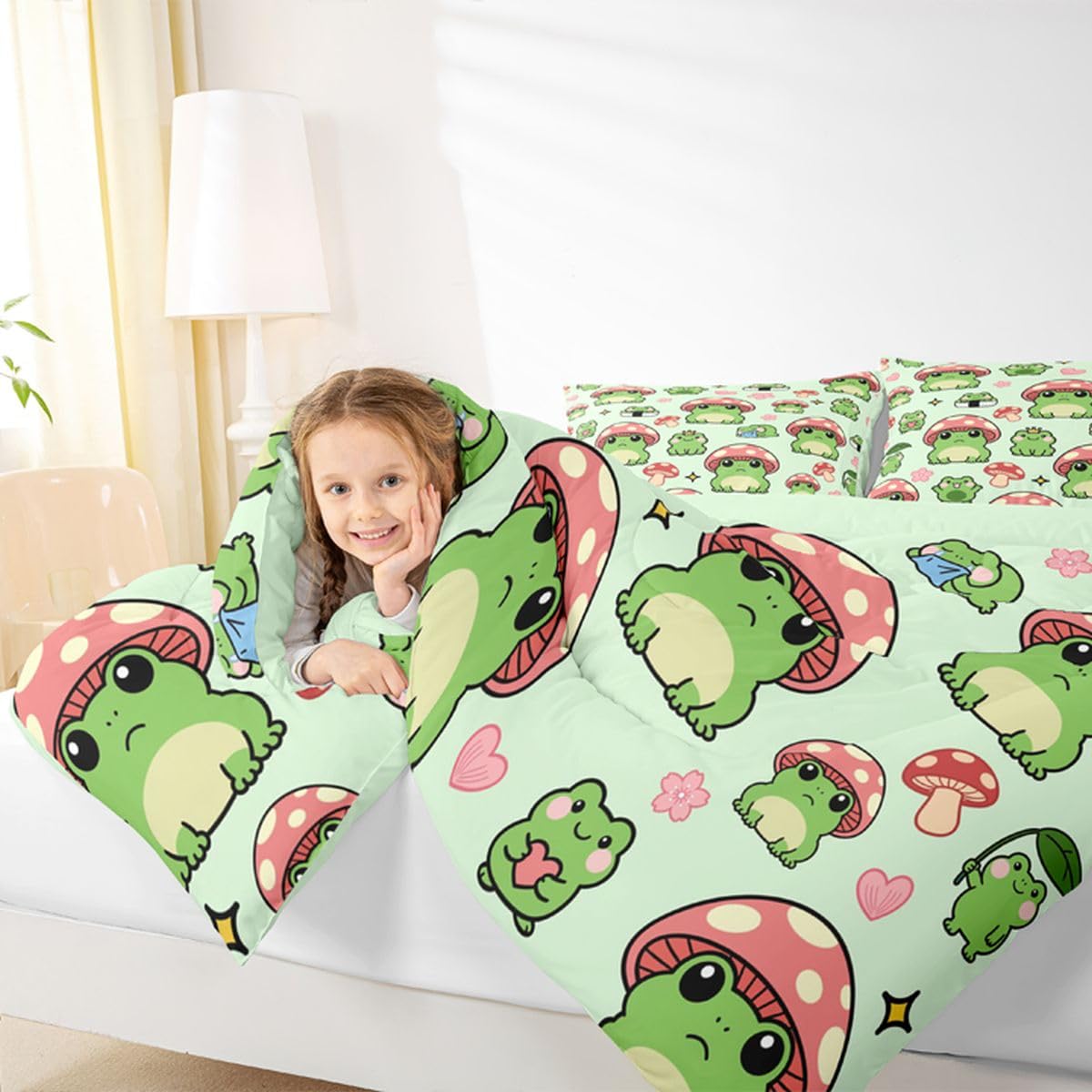 Mushroom Frog Comforter Set Queen Size Cute Mushroom Bedding Set 3pcs for Kids Girls Boys Bedroom Decor Cartoon Animals Plants Quilt Set Pink Green Duvet Insert,2 Pillowcases
