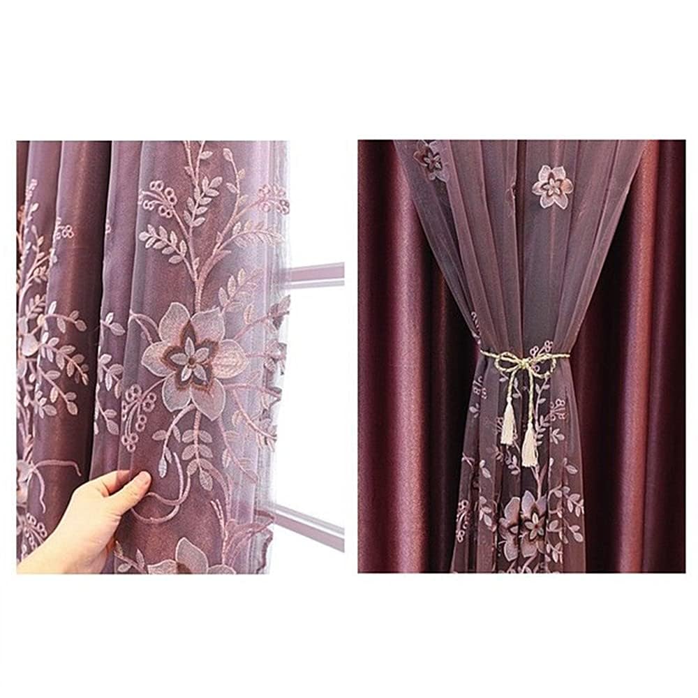 Amidoudou 1 Pair European Double Layer Curtains for Living Room Bedroom Luxury Flower Embroidered Curtains with Valance (Purple,54x90 Inch)