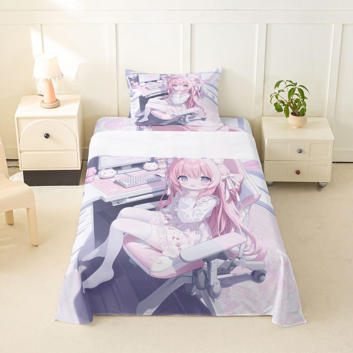 Erosebridal Kawaii E-Sports Girl Sheets Twin for Kids 3D Japanese Girl Sheet Set for Boys Girls Girly Gaming Bed Sheets Set Anime Gifts for Her Top Fitted Sheet Twin 3 Pieces
