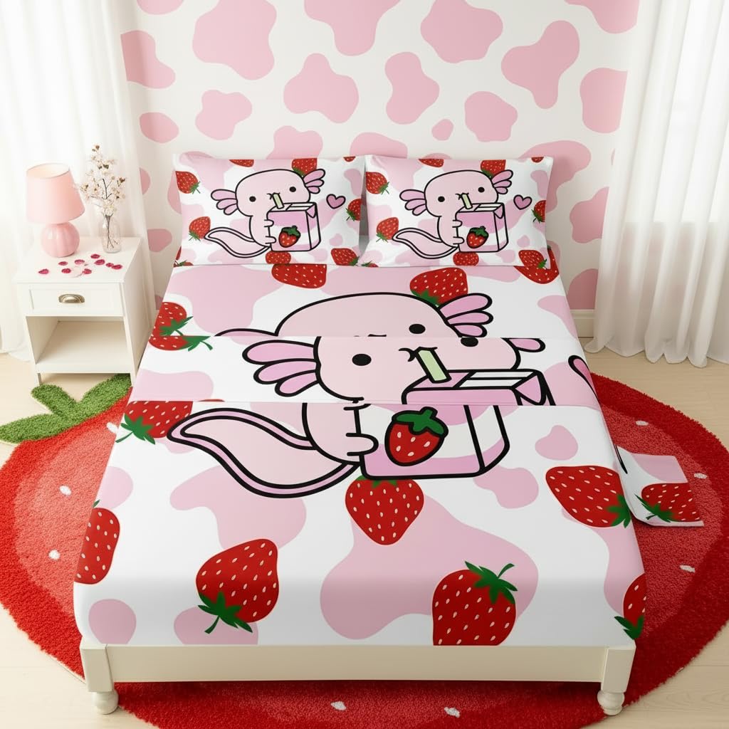 QOOMO Cartoon Axolotl Bedding for Boys and Girls Pink Cow Print Kids Sheets Set Strawberry Milk Breathable Room Decoration Twin Size 1 Fitted Sheet, 1 Flat Sheet, 2 Pillow Cases