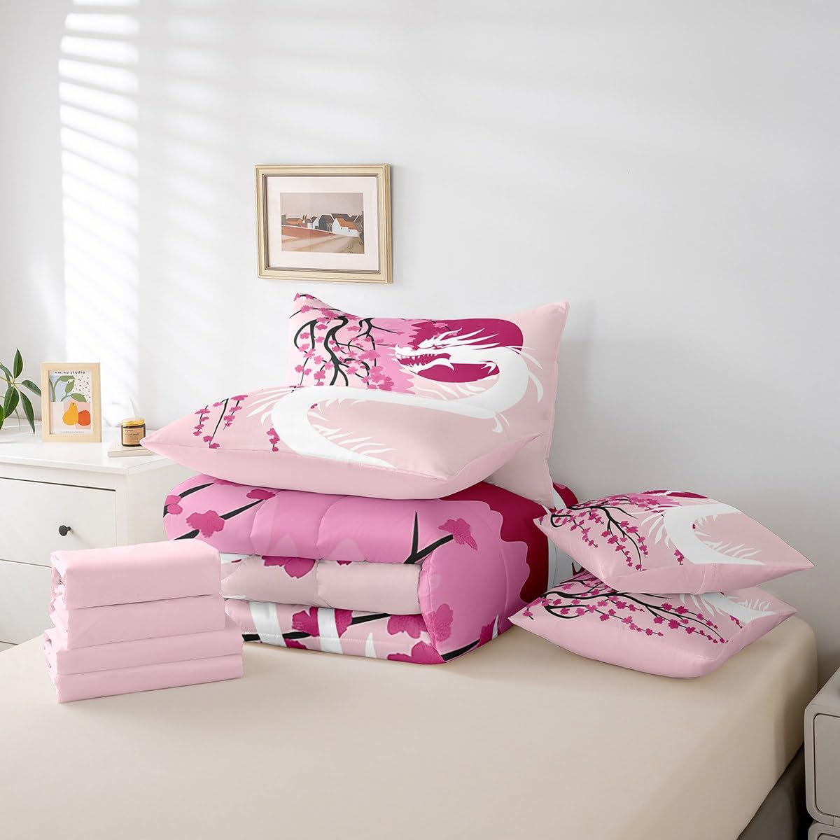 Erosebridal Japanese Ukiyo-E King Comforter Set 7 Piece Sakura Dragon Bedding Set Magical Wildlife Animal Bed in A Bag for Kids Boys Girls,Pink Watercolor Cherry Blossom Flowers Bed Set
