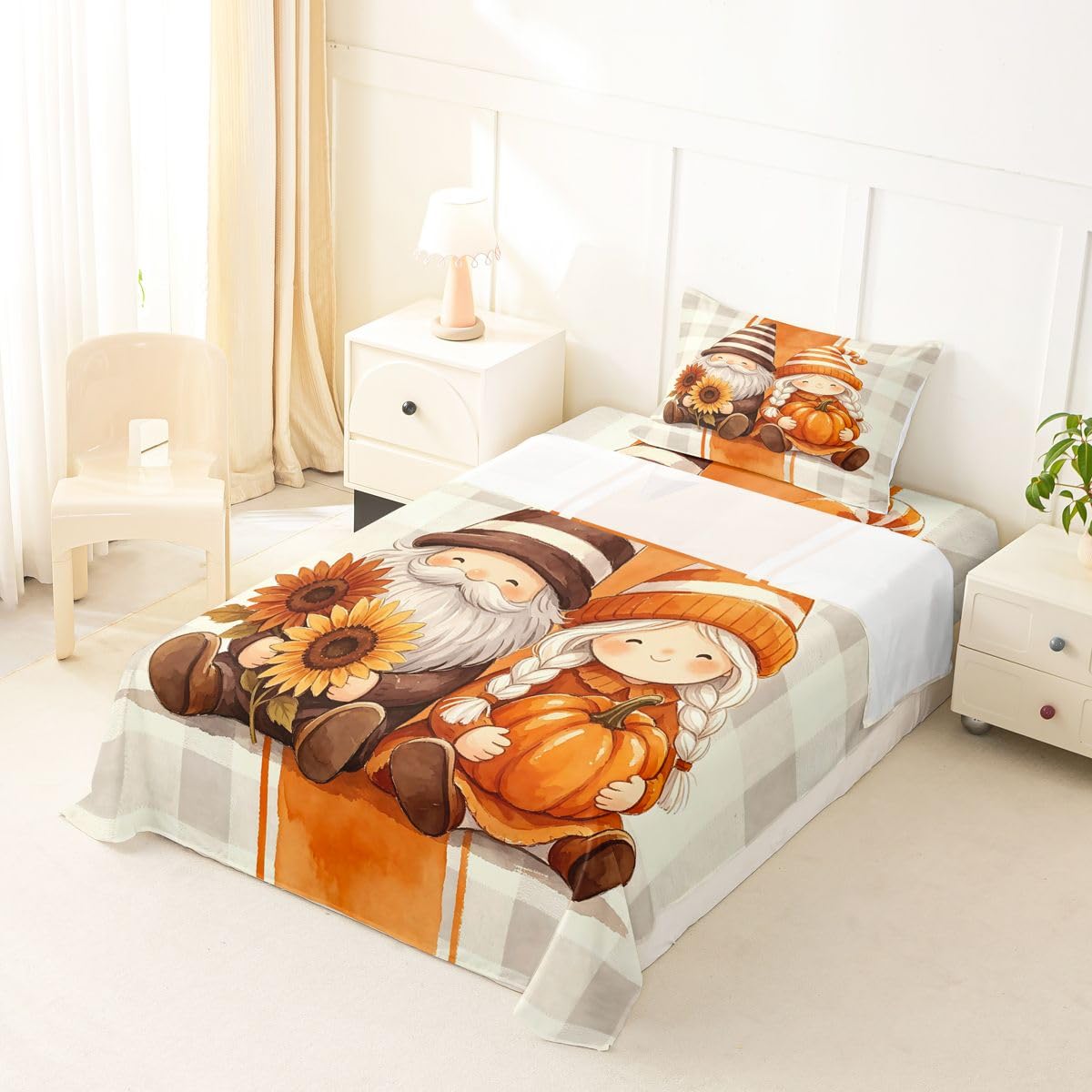 Erosebridal Couple Gnome Bed Sheets Twin Size Fall Sunflower Pumpkin Sheet Set Teens Men Women Geometric Stripes Plaid Bedding Set Neutral Cute Whimsical Autumn Sheets