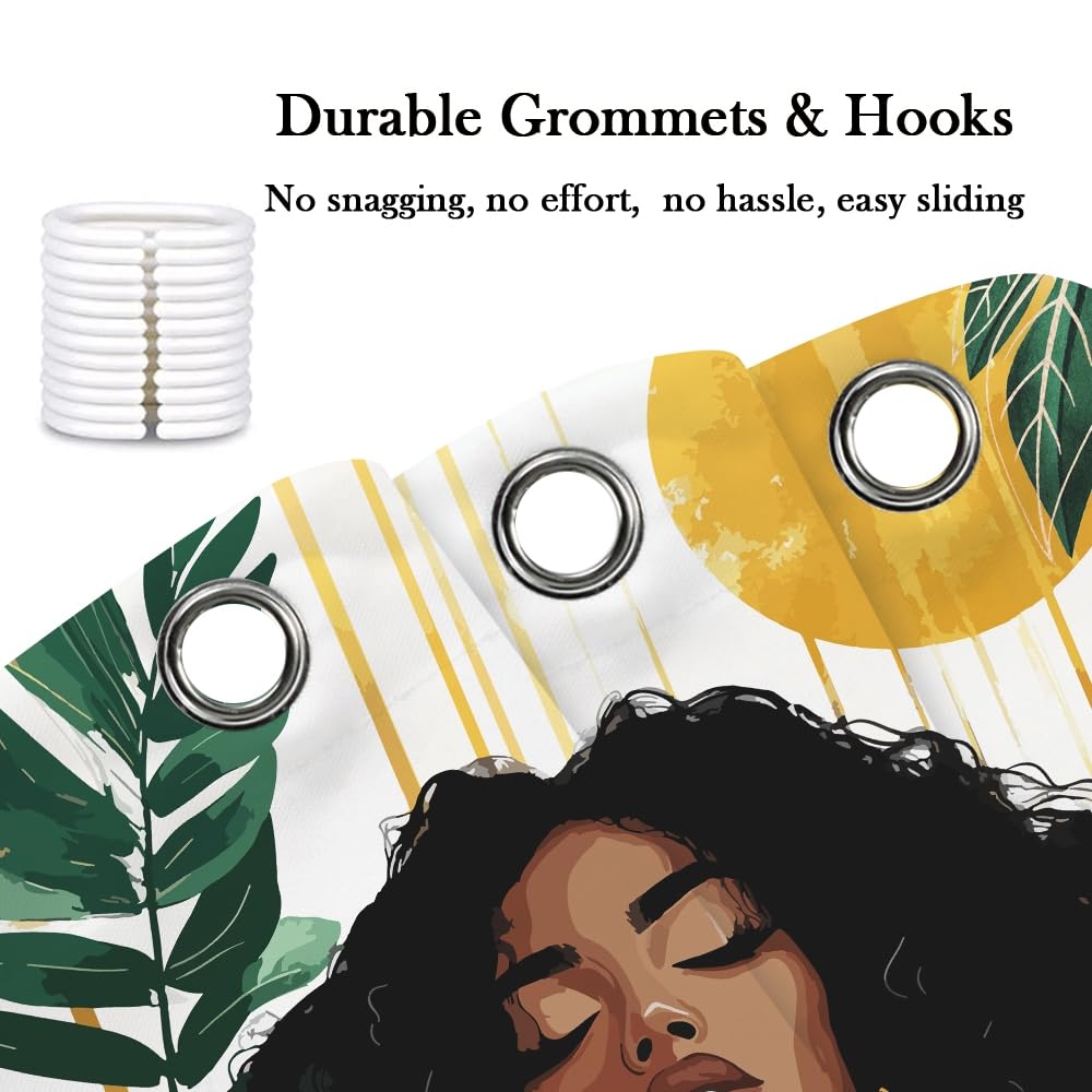 African American Woman Shower Curtain, Sexy Black Girl Lady Bathroom Shower Curtain, Boho Minimalist Art Green Tropical Plant Leaves Modern Bathroom Curtain Set Accessories Decor with Hooks 70X70Inch
